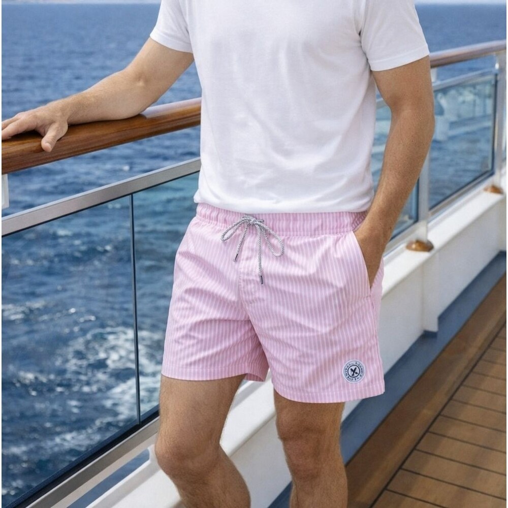 NWT Maamgic Pink White Stripe Swim Trunks XL Elastic Waist Drawstring Beach